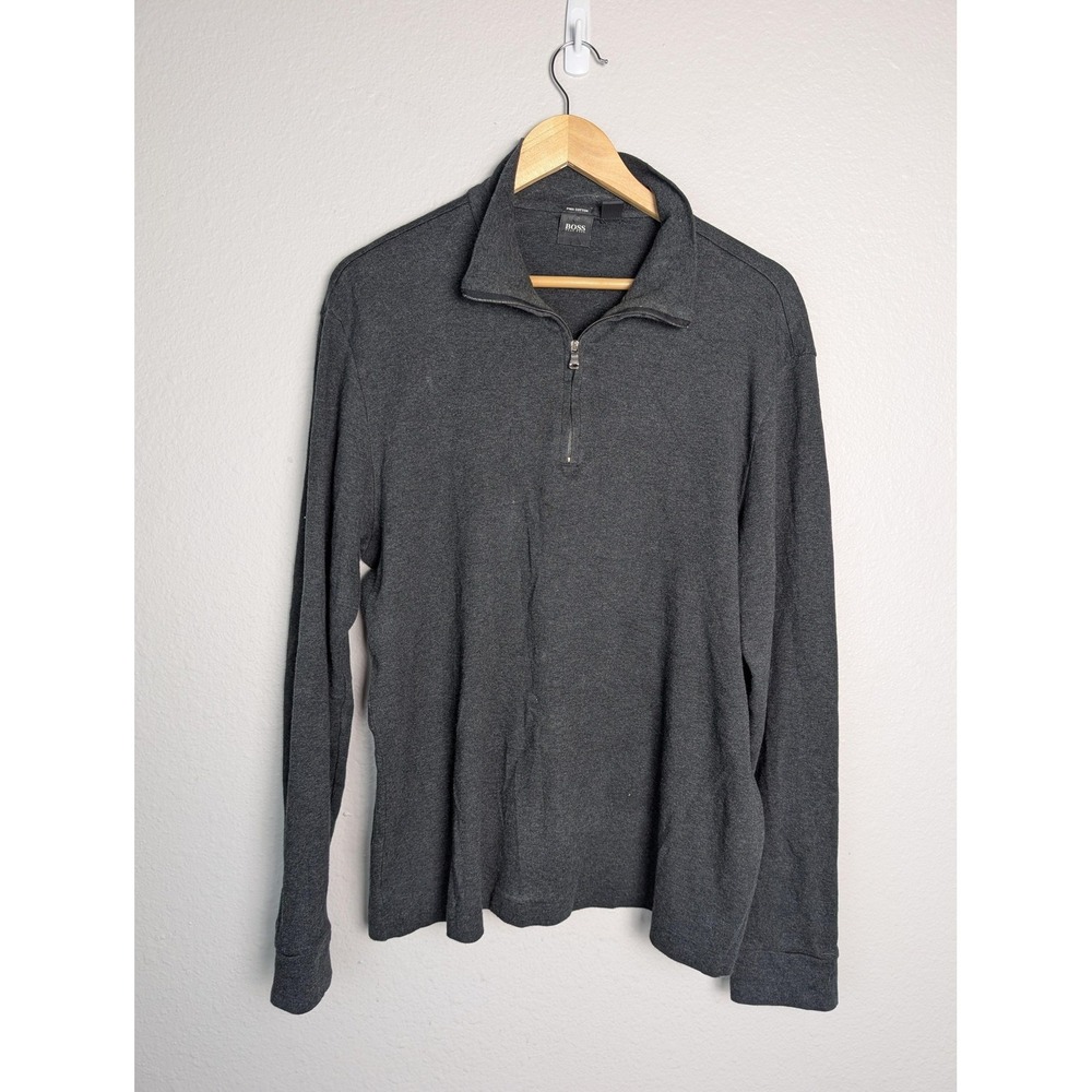 HUGO BOSS Pullover Sweater Mens XL Gray Mock Neck 1/4 Zip Pima‎ Cotton Peru